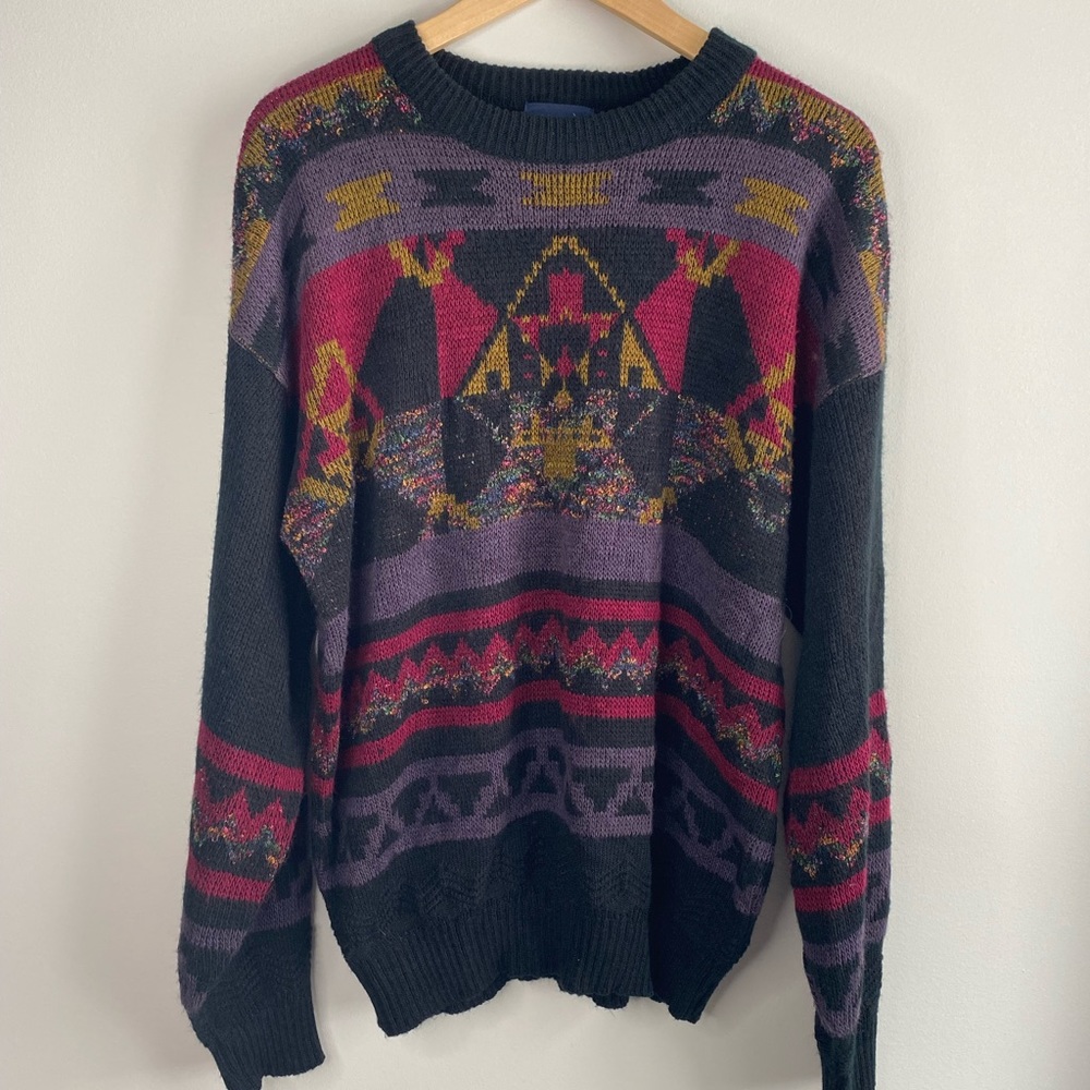 VINTAGE 80s Knit Crewneck Geometric Print Sweater